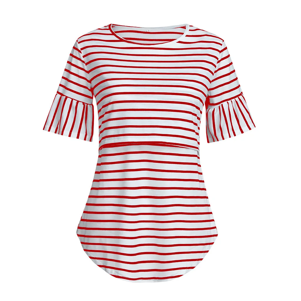 New Maternity Crew Neck Top Summer Short Sleeve Striped Print Fashion Nursing Top Pregnancy Top Breastfeeding