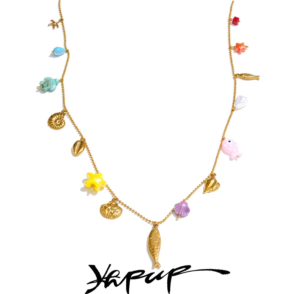 Yhpup 88cm Long Ceramic Starfish Shell Fish Pendant Necklace