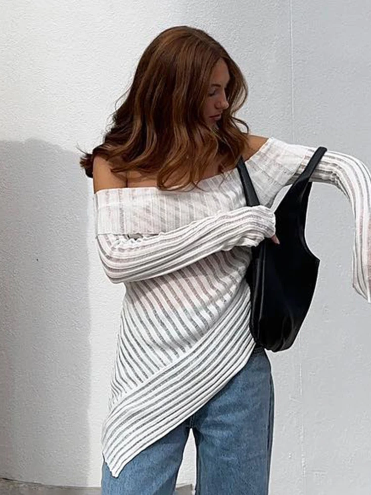 Camisetas clásicas fruncidas con tiras para mujer, top asimétrico único de manga larga acampanada con hombros descubiertos, corte entallado, ropa de calle salvaje para chicas