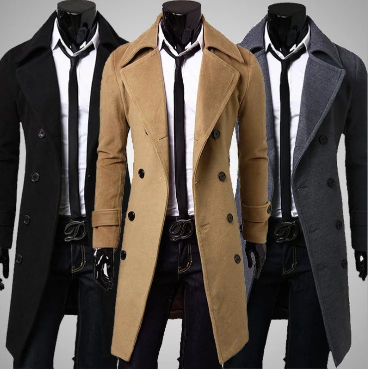 simples masculino longo trench moda magro cor sólida clássico duplo linha botão trincheira alta qualidade vintage quente blusão masculino