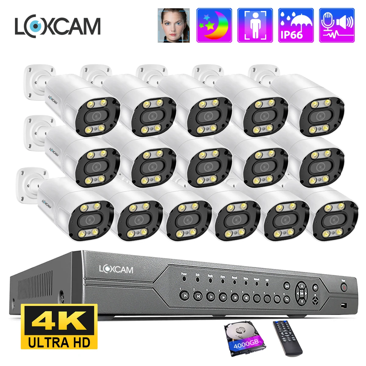 

LOXCAM 4K POE Security Camera System 16CH NVR Kit 8MP Ai Face Human Detect Outdoor 4MP Two Way Audio Video Surveillance Set