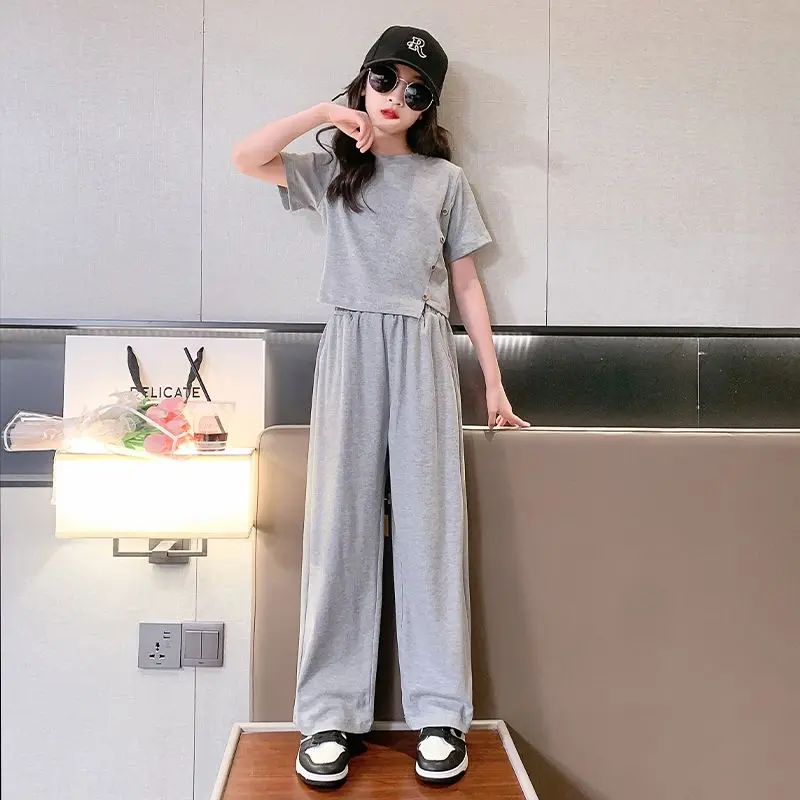 

2023 Kid Summer Solid Teens Girls Fashion Suits Clothes Child Short Tops T Shirt Top + Pants Casual Sets Tracksuit 5- 14 Year
