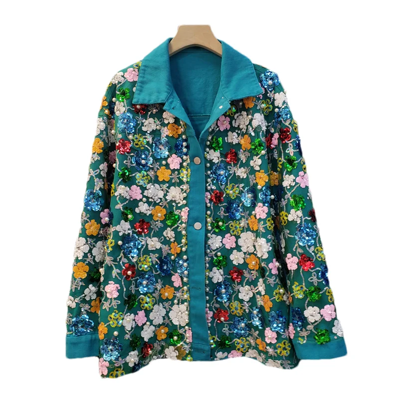 

Peacock Blue Diamonds Sequins Flower Mesh Denim Jacket Women Loose Short Casual Outerwear Streetwear Fashion Jeans Jacket Female