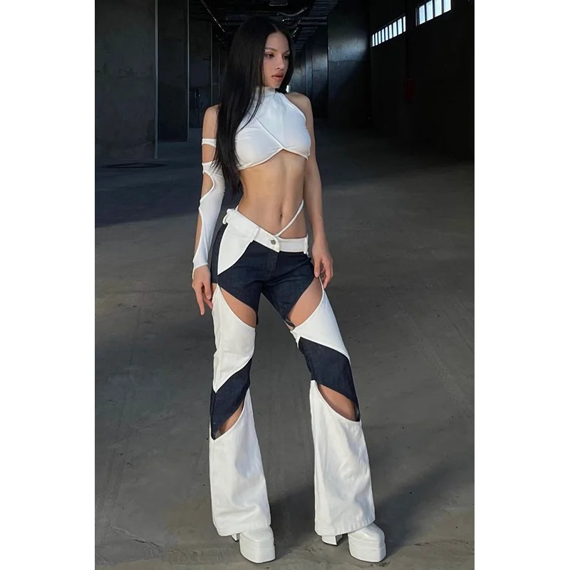 

European and American style hot girl trousers hollow stitching contrast color high waist micro boots casual pants personality