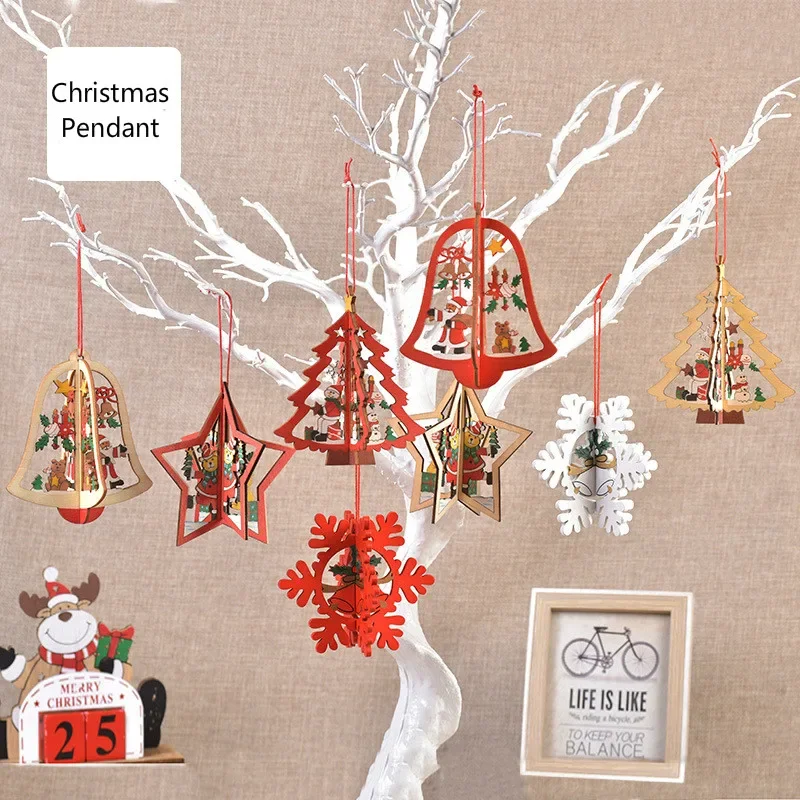 Christmas Wooden Hollow Christmas Tree Snowflake Ornament 3D Christmas Bell Pentagram Ornament Home Holiday Party Decoration