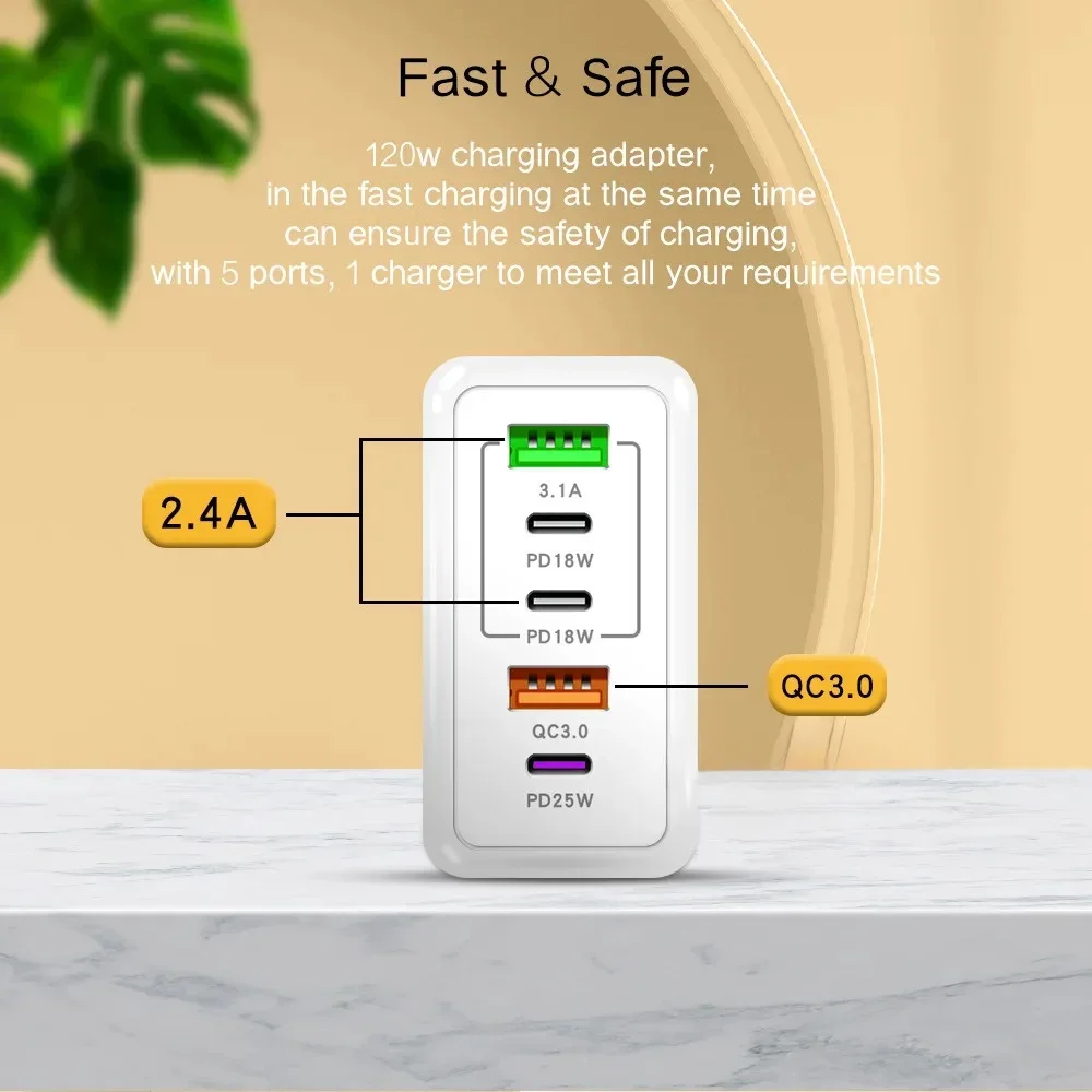 120W 5-Port USB Charger - Fast Charging Wall Adapter for iPhone Samsung Xiaomi Huawei EUUSUK Plug