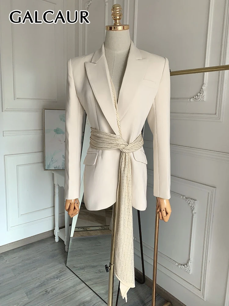

GALCAUR Temperament Patchwork Lace Up Chic Blazers For Women Notched Collar Long Sleeve Single Button Solid Slim Blazer Female