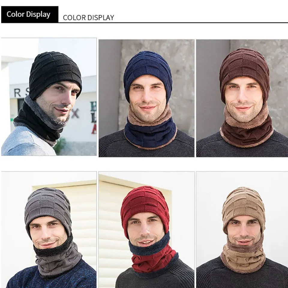 Winter Thick Beanie Hat With Gloves Knitted Wool Neck Scarf Warm Bonnet Hat Outdoors Cycling Skiing Cap Balaclava Mask Unisex