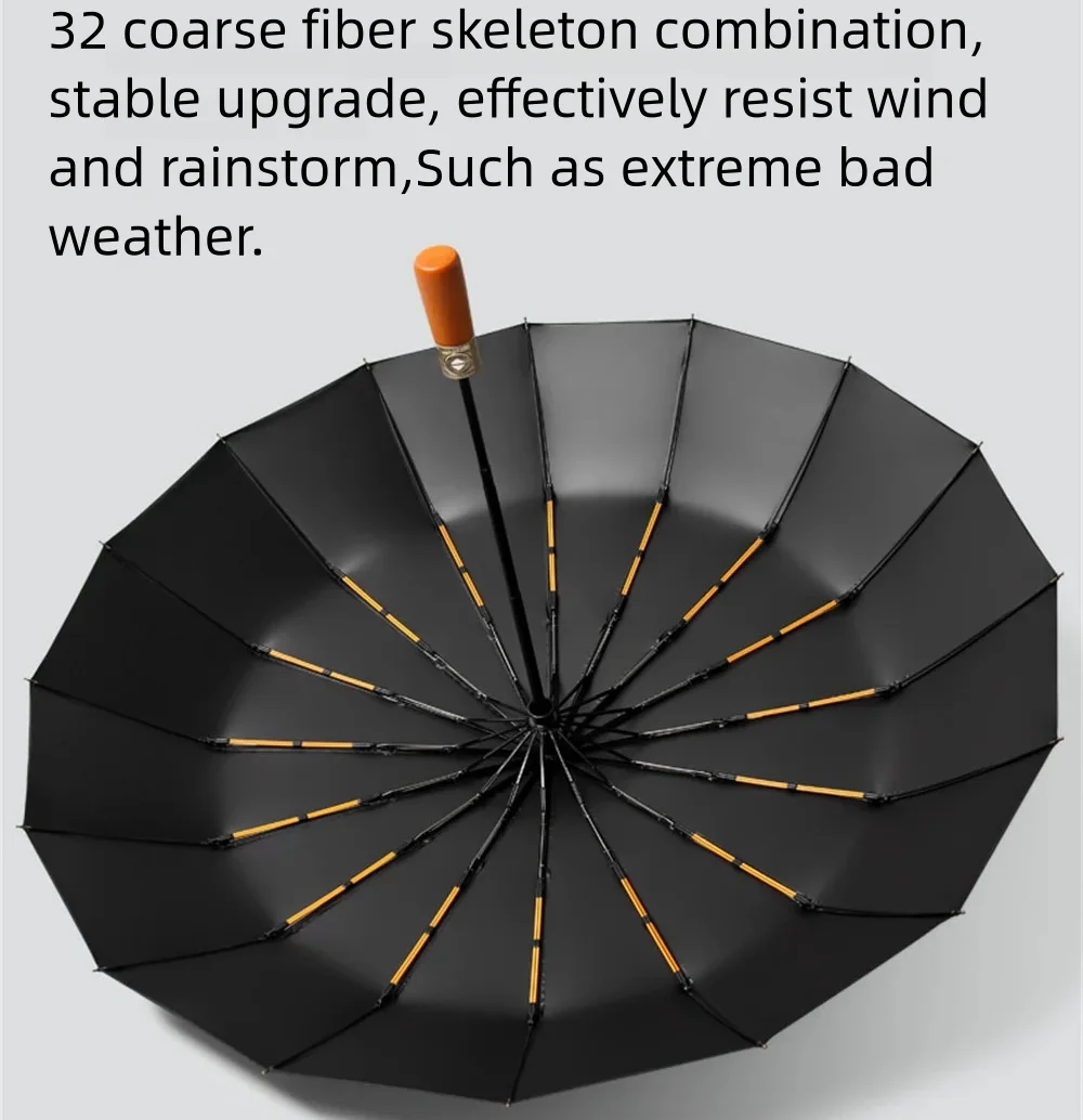 Windproof 32 Bone Business Umbrella for Men, Fully Automatic Wooden Handle, Large Folding, Waterproof Sunshade Luxury Umbrellas