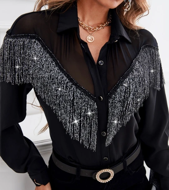 

Women's V-Neck Tassel Sparkling Loose Shirt Temperament Commuting Female Pullover Tops Woman Fashion Long Sleeve Elegant Blouses