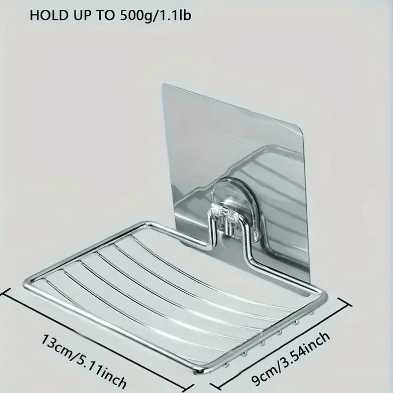 1Pc Stainless Steel Square Soap Dish Holder - Self Adhesive Wall Mount With Drain Hole Storage Shelf For Bathroom Supplies 3