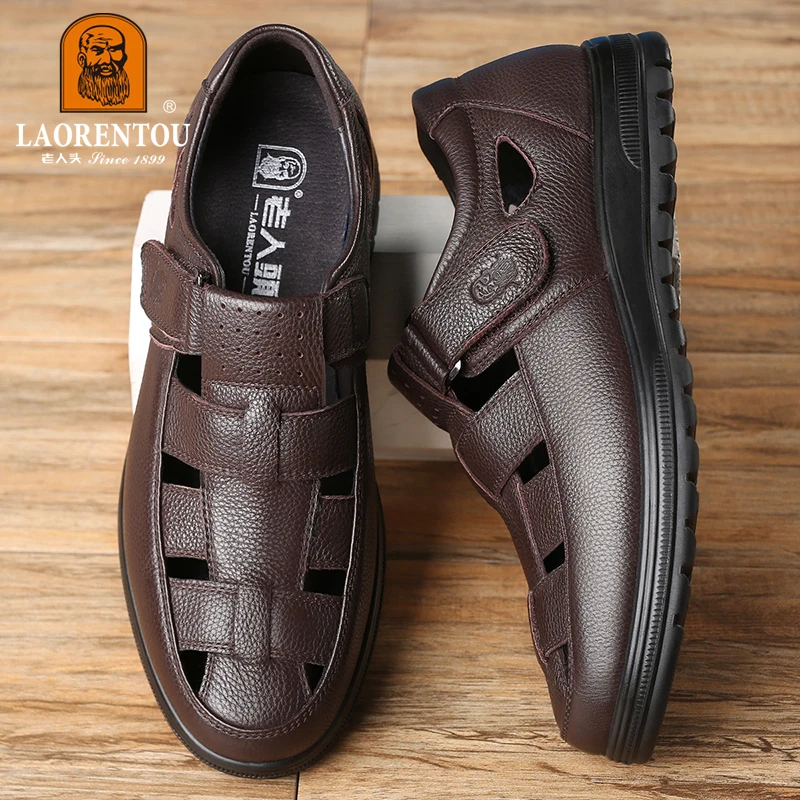 LAORENTOU genuine leather sandals, men's hollow and breathable perforated shoes, casual thick soled non slip leather shoes 5