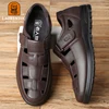 LAORENTOU genuine leather sandals, men's hollow and breathable perforated shoes, casual thick soled non slip leather shoes 5