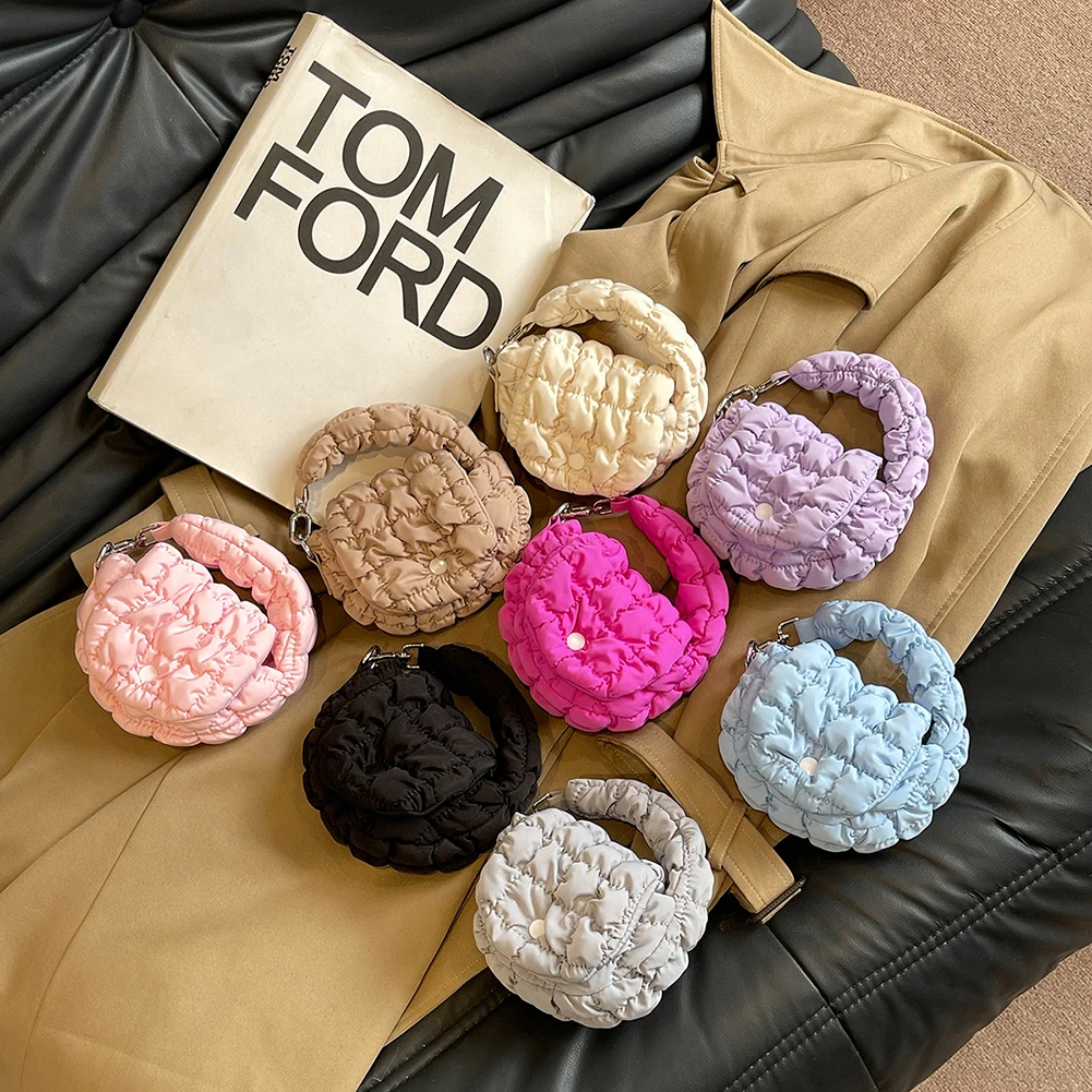 Mini Puffer Tote Bag for Women Quilted Wrist Handbag Nylon Padded Solid Color Clutch Purse for Work Travel Shopping