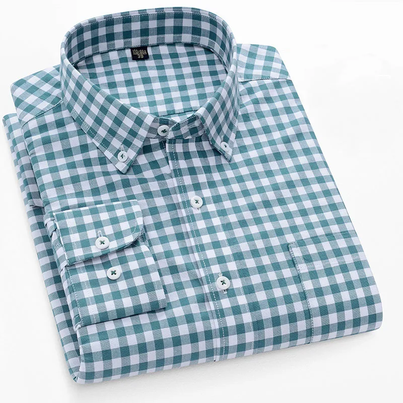 High Quality Luxury Plaid Oxford Men's Social Shirts Summer 2023 Long Sleeves 100% Cotton Casual Busines Formal Shirt Clothing