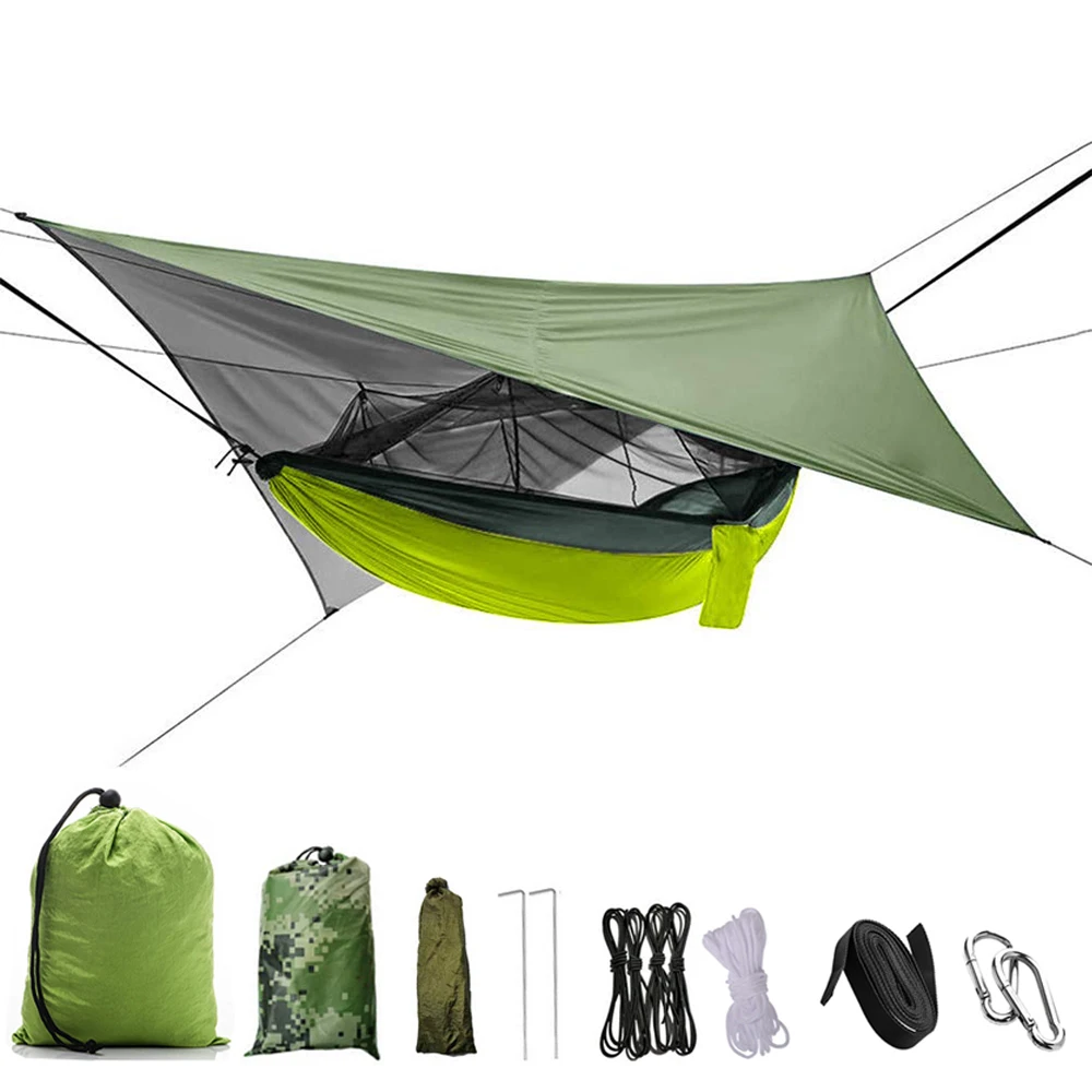 260x140cm Outdoor Double Camping Hammock with Mosquito Net and Rain Fly Tarp Lightweight Parachute Hammocks for Travel Hiking