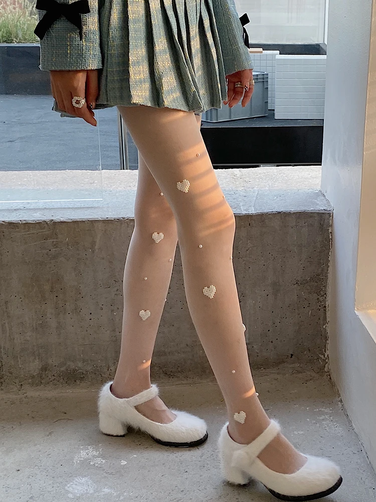 Fashion Design Panty-Hose Lolita Preppy Style Love Pearl Milky White Body Socks Sexy Pantyhose Skinny Women Leggings Stockings