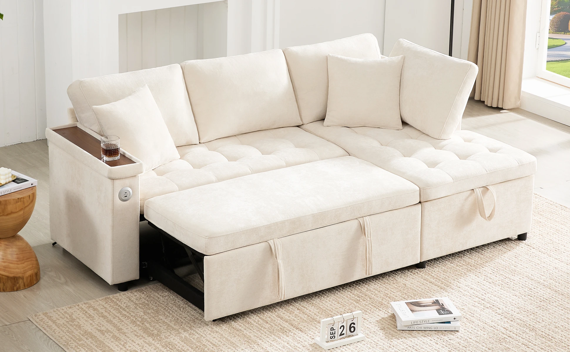 Wohnzimmer L-förmiges Sofa mit Ausziehbett, Ausgestattet mit Stauraum, USB-Ladegerät, Armlehnen-Stauraum und 2 Kissen – Detail 1