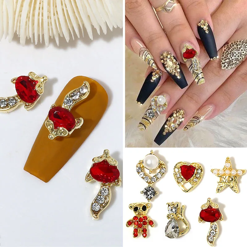 

10pcs Shiny Zircon Alloy Nail Charms Crown Heart Fox Bear Nail Art Charms Bowknot Star Nail Rhinestones Pearl Nail Gems Jewelry