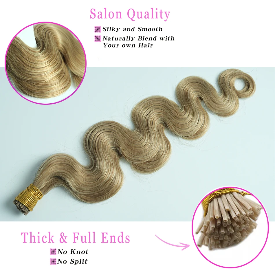 Body Wave Itip Hair Extensions #P4/27 Brown Highlight with Blonde Human Hair Extensions Keratin I Tip Cold Fusion 50/100 Strands