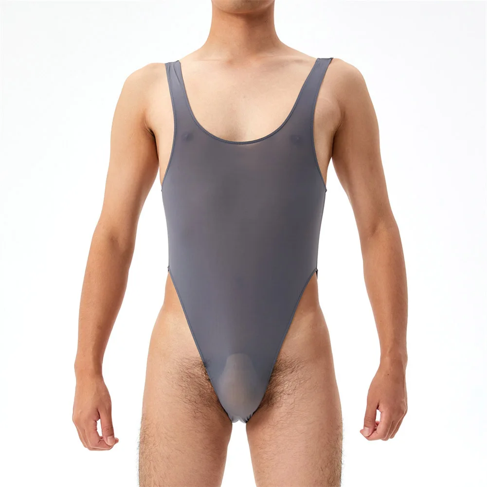 Men's Sexy See Through Sleeveless Romper Jumpsuits High Cut Tight Bodysuits Underwear Stretch Man Lingerie