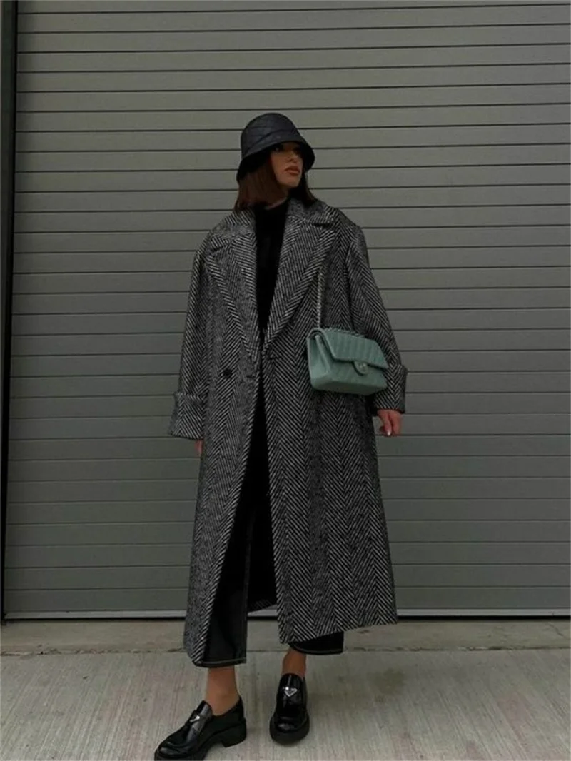 

Herringbone Women Overcoat Long Jacket Formal Winter Cashmere Wide Cut Trench Coat Casual Streetwear Ankle Length Prom Dress