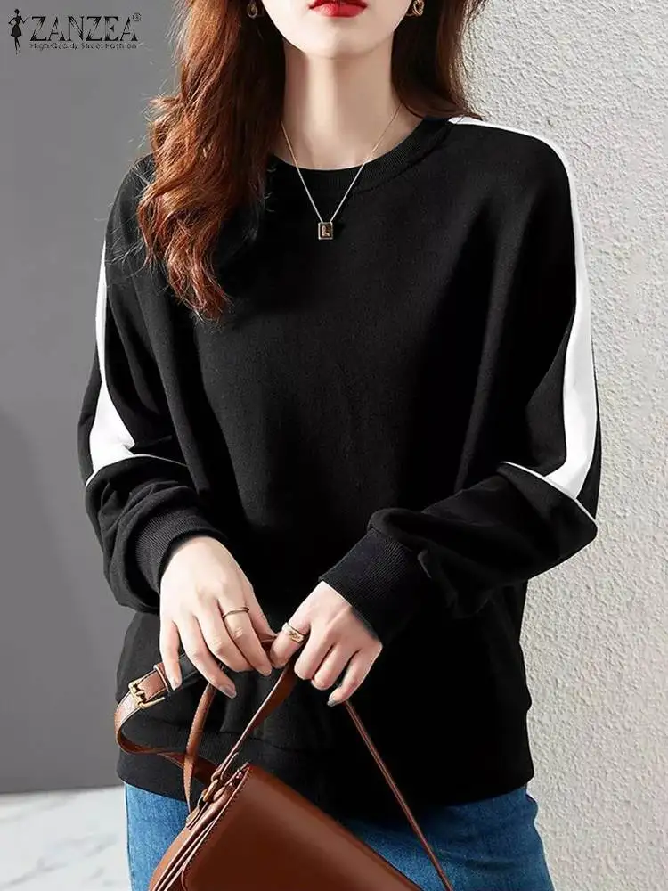 

ZANZEA Patchwork Sweatshirts Women Autumn O Neck Long Sleeve Blouse Autumn Fashion Hoodies Female Loose Pullover Casual Tops