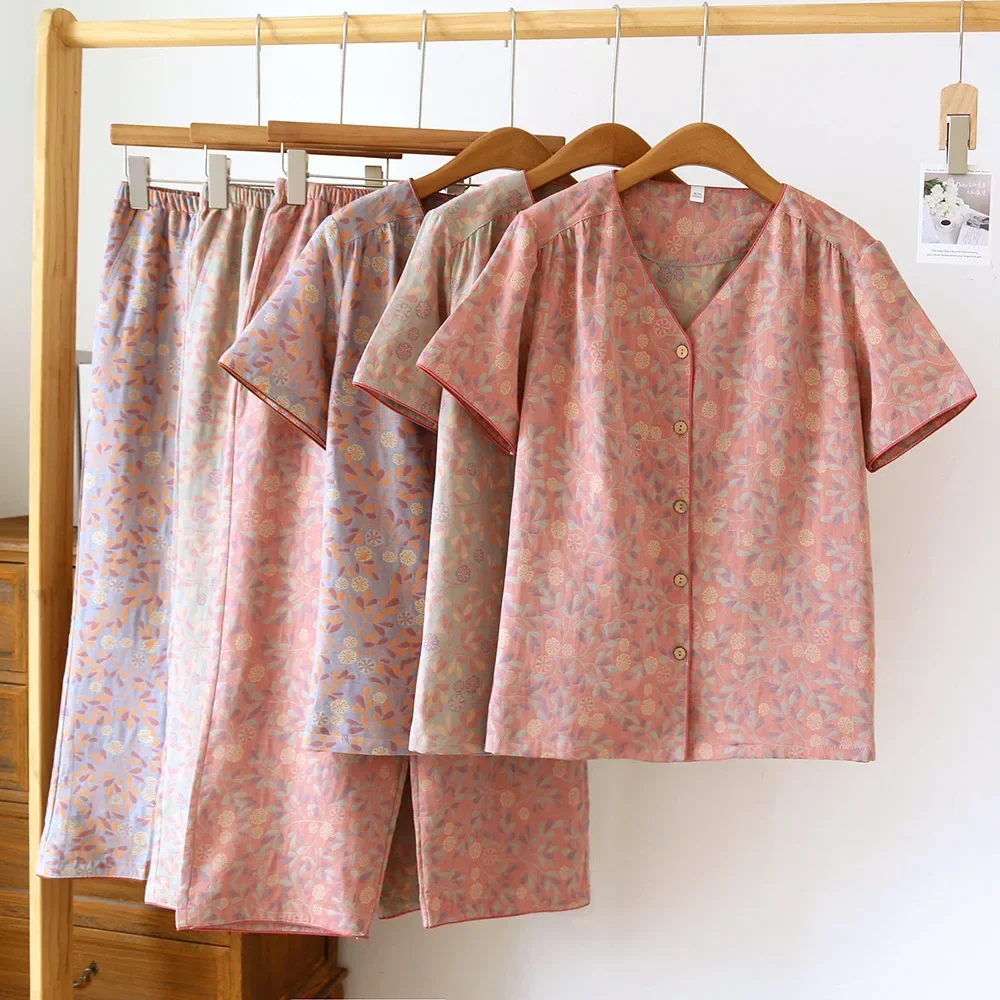 

Новейшие летние укороченные брюки с коротким рукавом, одежда для сна, пижамные комплекты для женщин, летний хлопковый домашний костюм с цветочным принтом