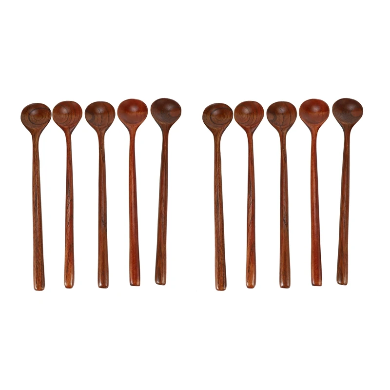 

10 Pieces Korean Style 10.9 Inches 100% Natural Wood Long Handle Round Spoons (Korean Style Soup Spoon)