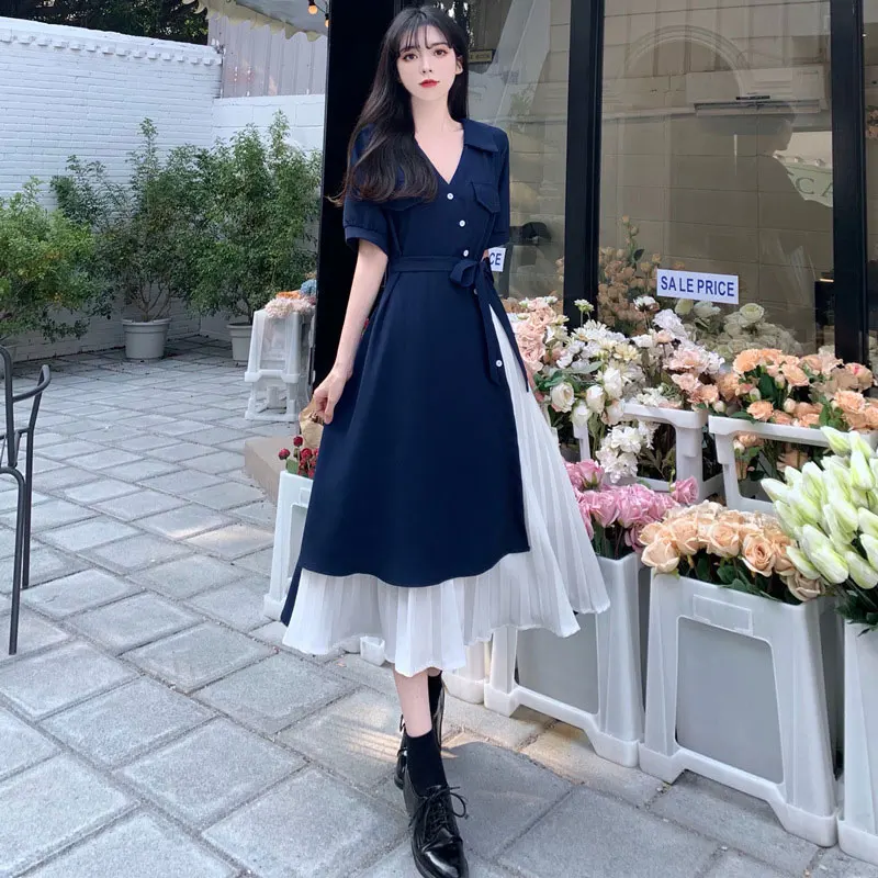 Summer Elegant Women Midi Dress Korea Retro Office Lady V Neck