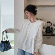 

Button Up Shirts Womens 2022 Spring New Ruffles Big Lapel Collar White Tops Female Mori Girl Cute Long Sleeve Loose Blouse