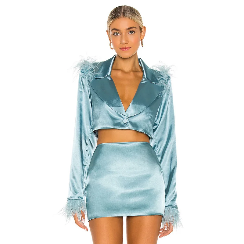 european-and-american-women-two-pieces-suits-long-sleeved-feather-short-blue-small-suit-mini-skirts-female-autumn-suit-fashion