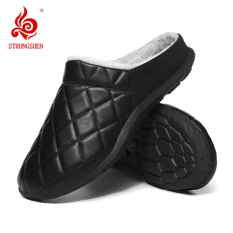 

STRONGSHEN Men Cotton Home Slippers PU Leather Winter Indoor Slippers with Fur Waterproof Warm Soft Anti-skid House Slipper