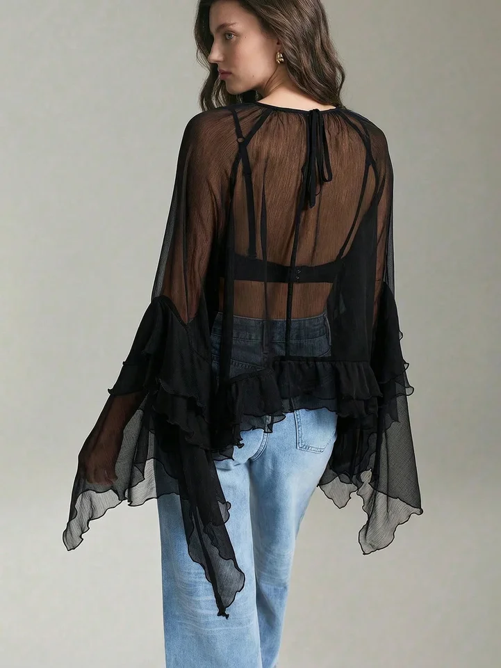Black Semi Sheer Loose Chiffon Blouse Ruffle Hem
