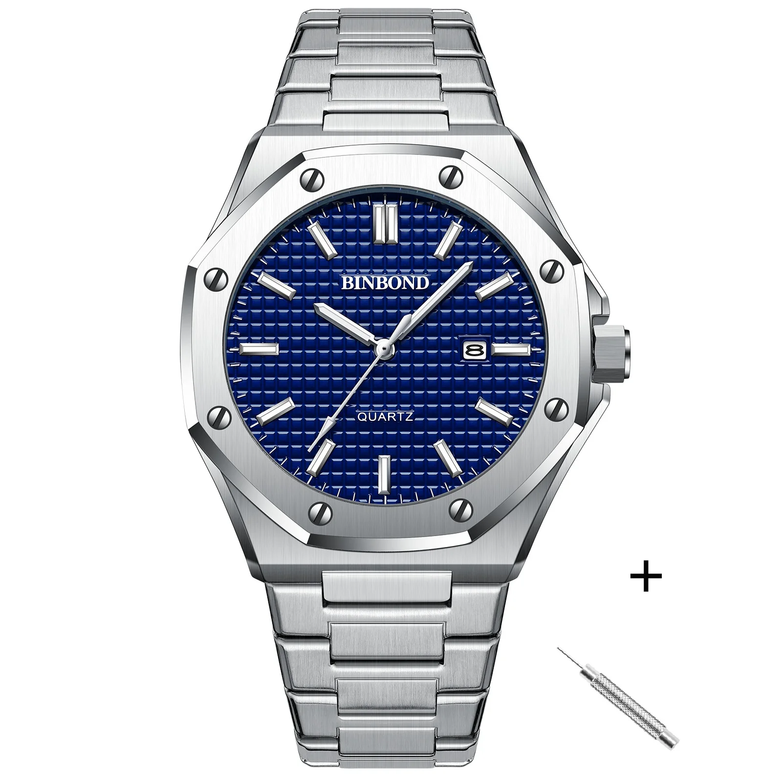 BINBOND-Montre-bracelet à quartz en acier inoxydable pour homme, grand cadran, argent, calendrier, classique, marque supérieure, horloge, mode décontractée, B0ram