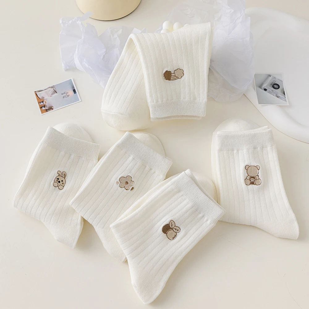 Medium Length Socks Cartoon Pattern Kawaii Medium Length Socks for Women's Japanese Harajuku Style White Autumn and Winter Versatile Girls' Socks