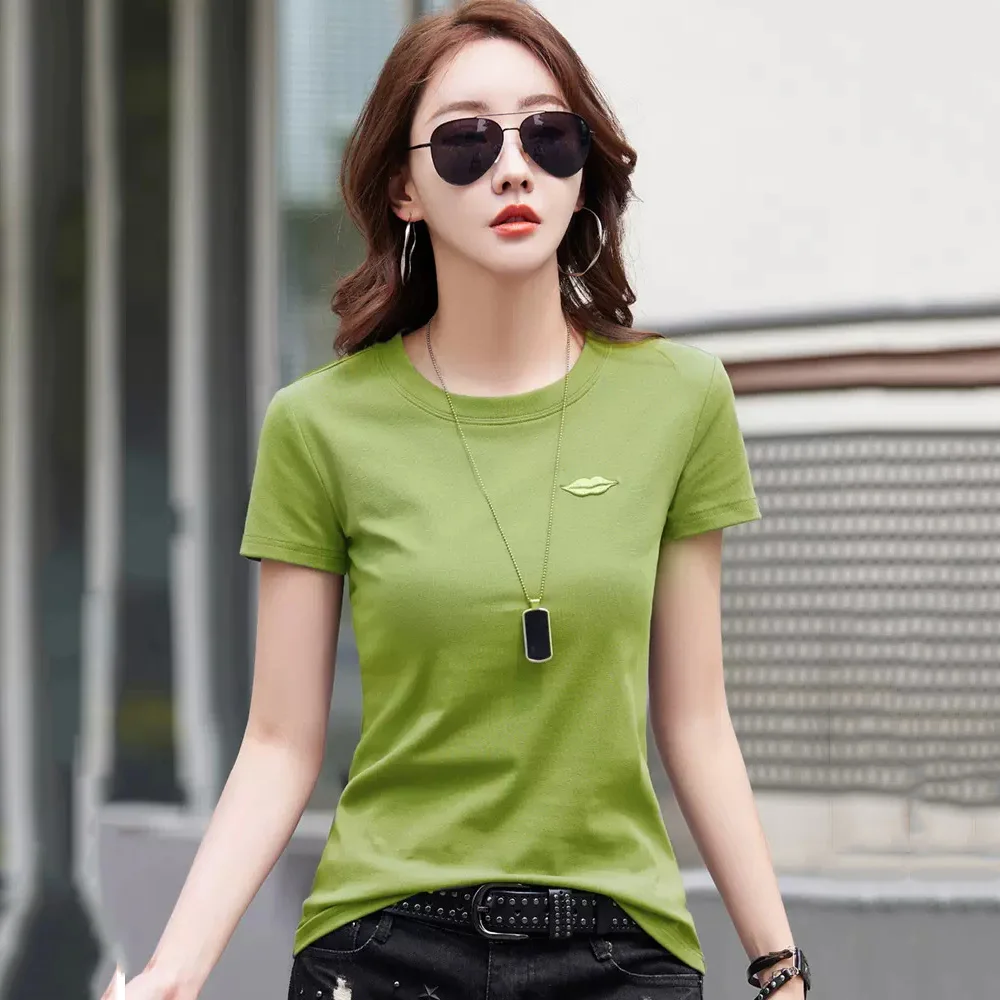 

New Women Short Sleeve T-shirt Summer Fashion O-Neck Fine Embroidery Slim Tees Tops Classic Simplicity Basic Cotton T-shirt