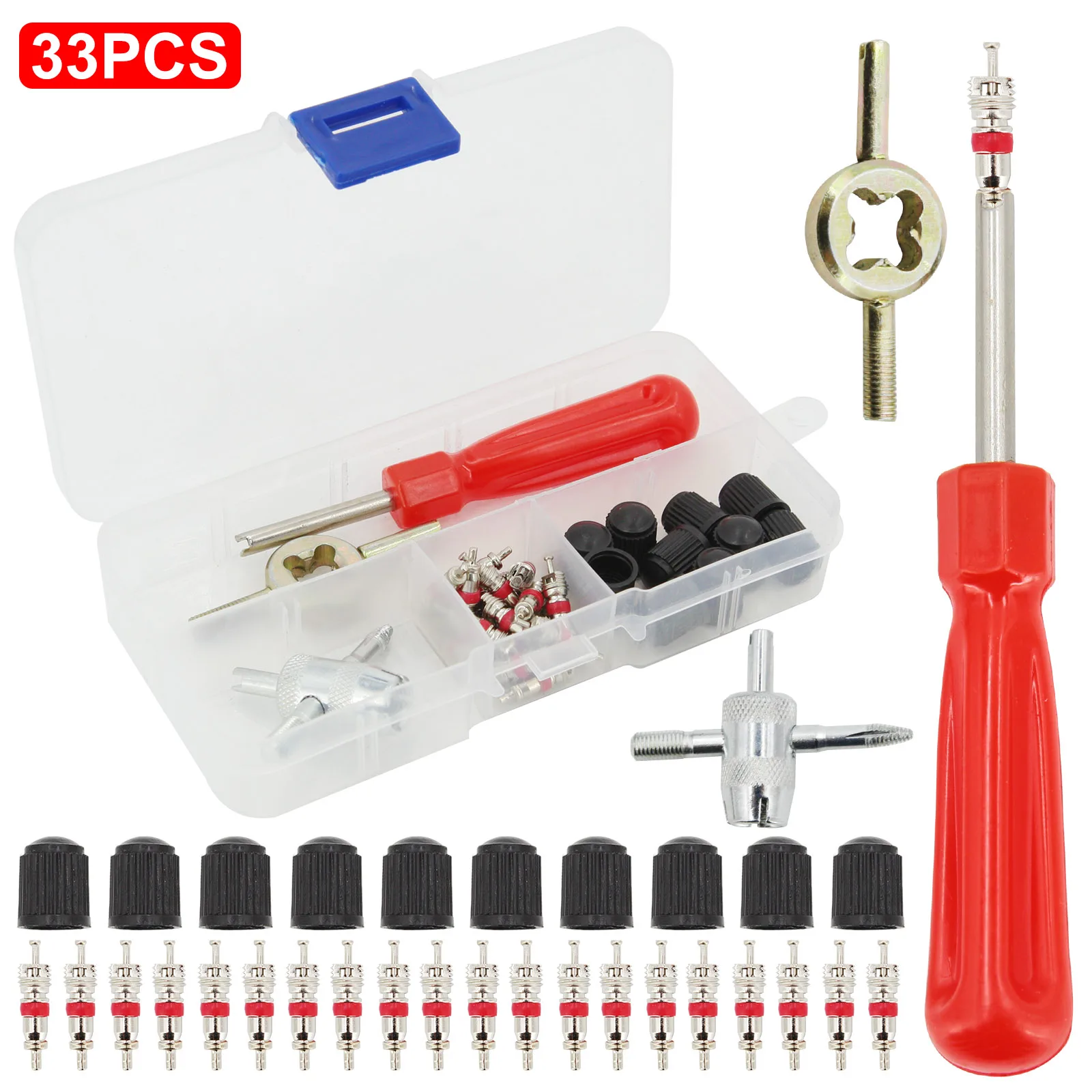 33PCS Kit Reparación Neumáticos: 30 Núcleos Válvula + Removedor + Herramienta 4 En 1, Para Coche, Moto, Bici