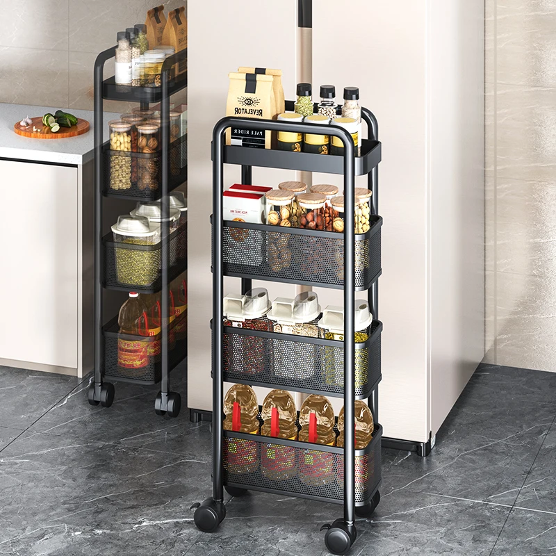 Stainless Steel Ultra Narrow Kitchen Shelf Floor Standing Refrigerator Trolley Bathroom Cabinet Mobile Storage Rack Furniture