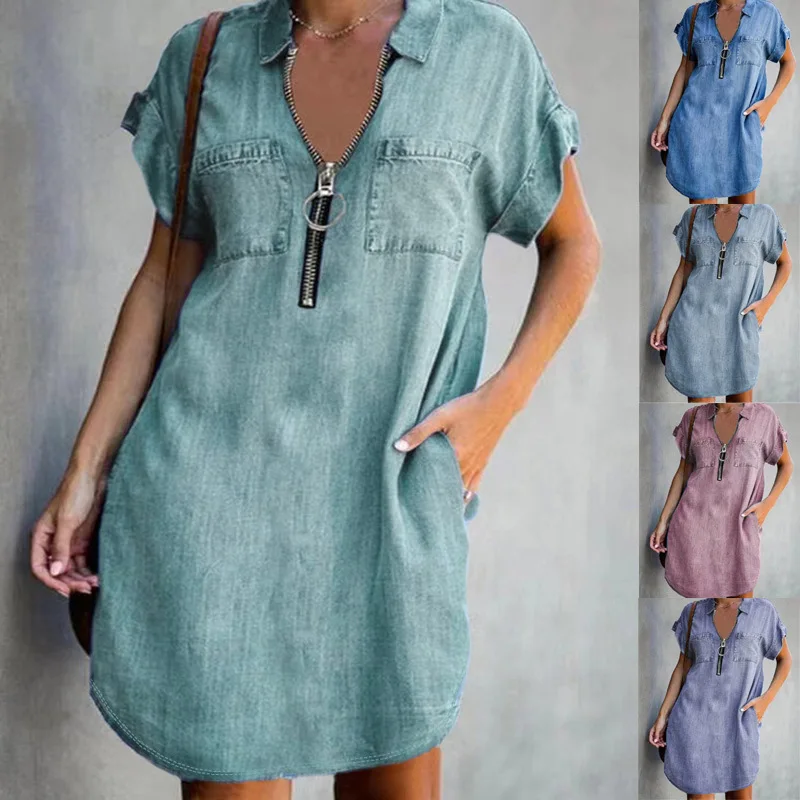 

Vintage Short-sleeved Loose Dress Women's Summer Fashion Zipper Denim Shirt Skirt Casual Pocket Solid Color Pullover Party Dress