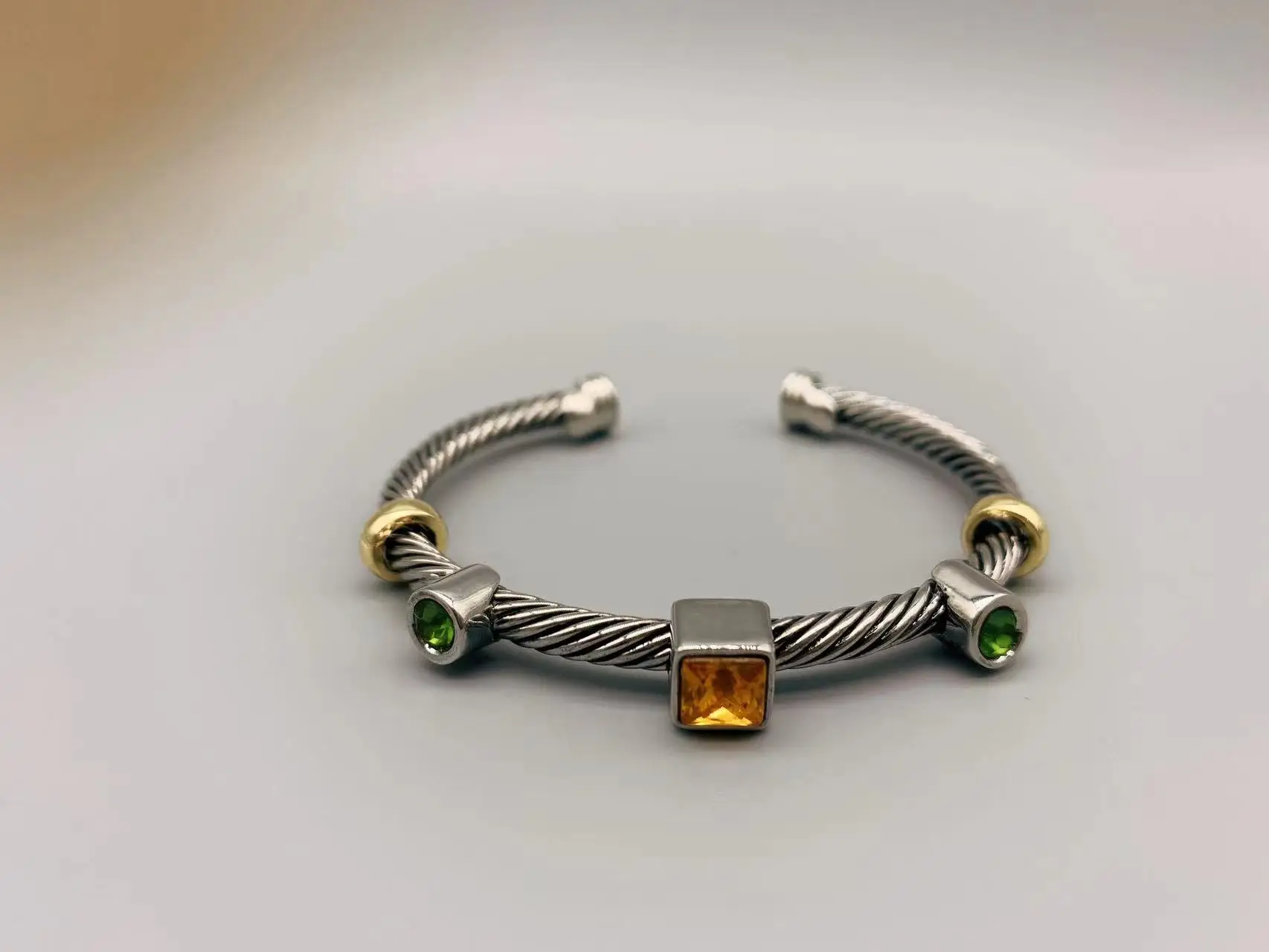 Le Han Jewelry Silver Cable Yellow  And Green  Stone With 18k Gold Plated Cuff Bracelet 4Mm