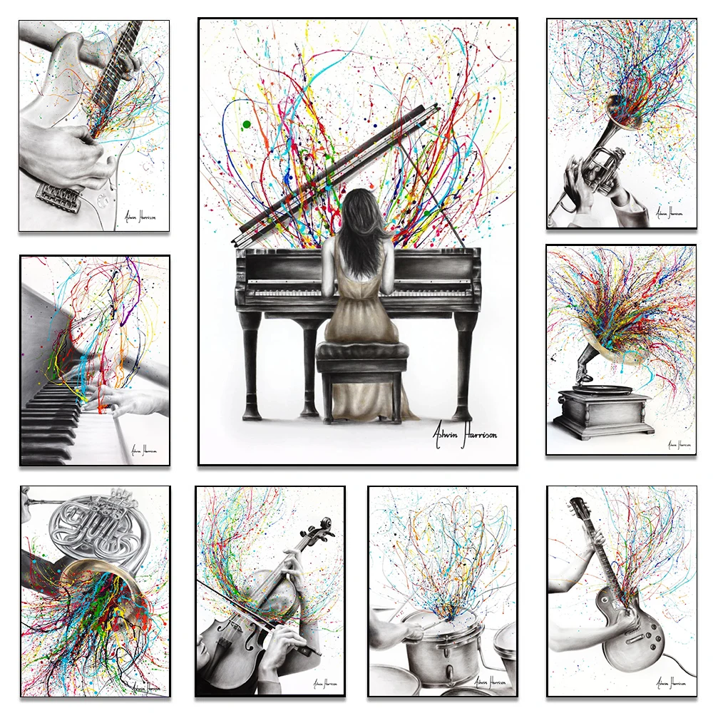 

Graffiti Piano Guitar Music Poster Record Player Violin Canvas Painting Wall Art Picture for Music Room Home Decor Cuadros Gift