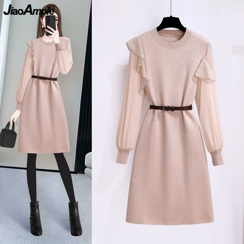 

Women's Autumn Winter Knit Midi Dress Lady Graceful Ruffle Sleeve Sweater Dresses Korean Daily Joker Loose Knitwear Female 2023