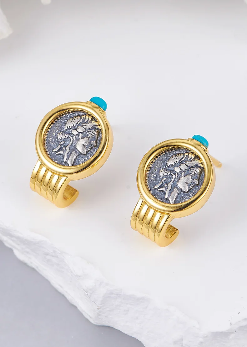 Silver Two Tone Double Sided Relief Portrait Stud Earrings