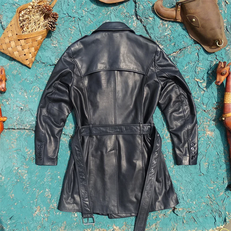 Veste longue en cuir noir pour hommes