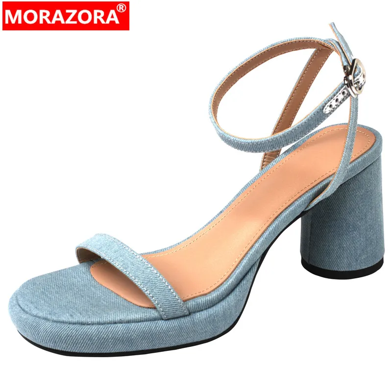

MORAZORA 2023 New Denim Slingbacks Sandals Women Sexy Ladies Dance Platform Shoes Buckle Thick High Heels Sandals