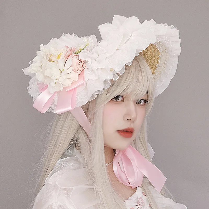 Lace Flower Ribbon Straw Hat Lolita Cosplay Hat Bonnet French for Beach Vacation