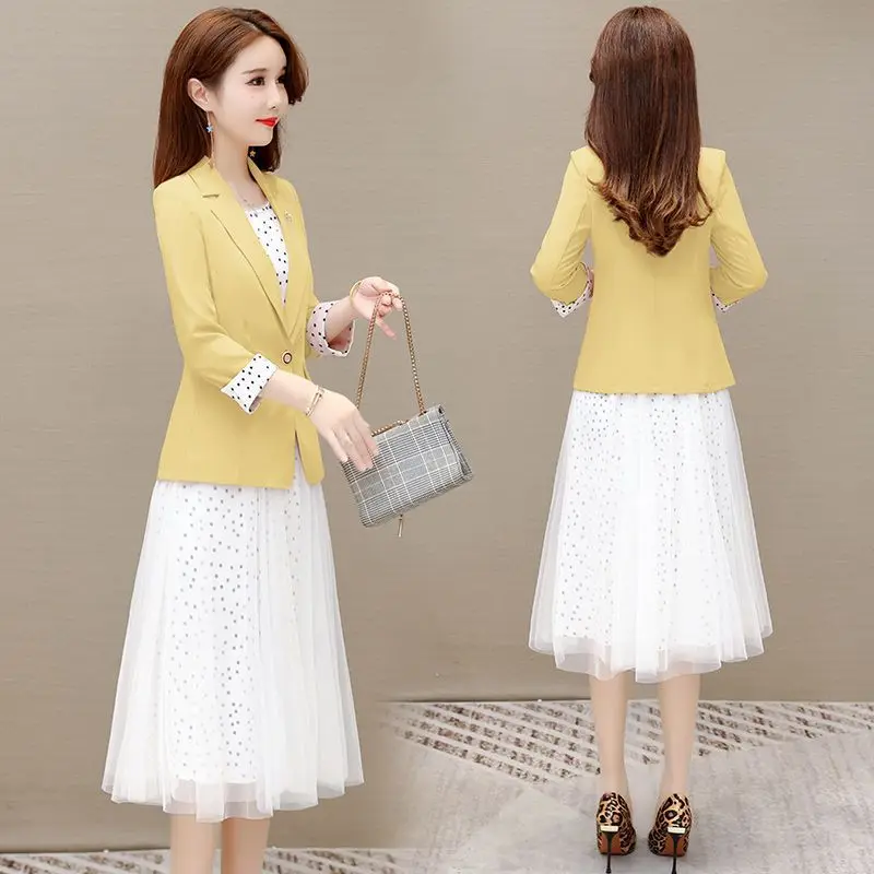 2023 Women Spring Autumn Elegant Blazer Dress Suits Female 2 Piece Set Casual Suit Jacket + Polka Dot Dress Ladies Outfits G364