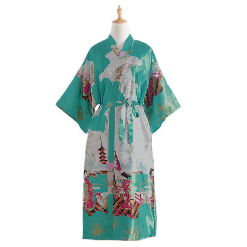 Japanese Kimono Style Cardigan Satin Bathrobe Long Pajamas Night Robe Yukata For Women Japanese Clothes Peacock Print japanese kimono,japanese kimono cardigan