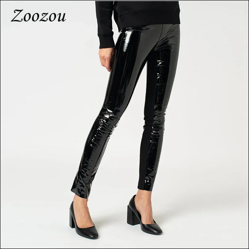 Women's Sexy Skinny Latex Patent Leather Pants Warm Soft PU Leather Trousers Female Casual Bodycon Pants Autumn Winter Custom